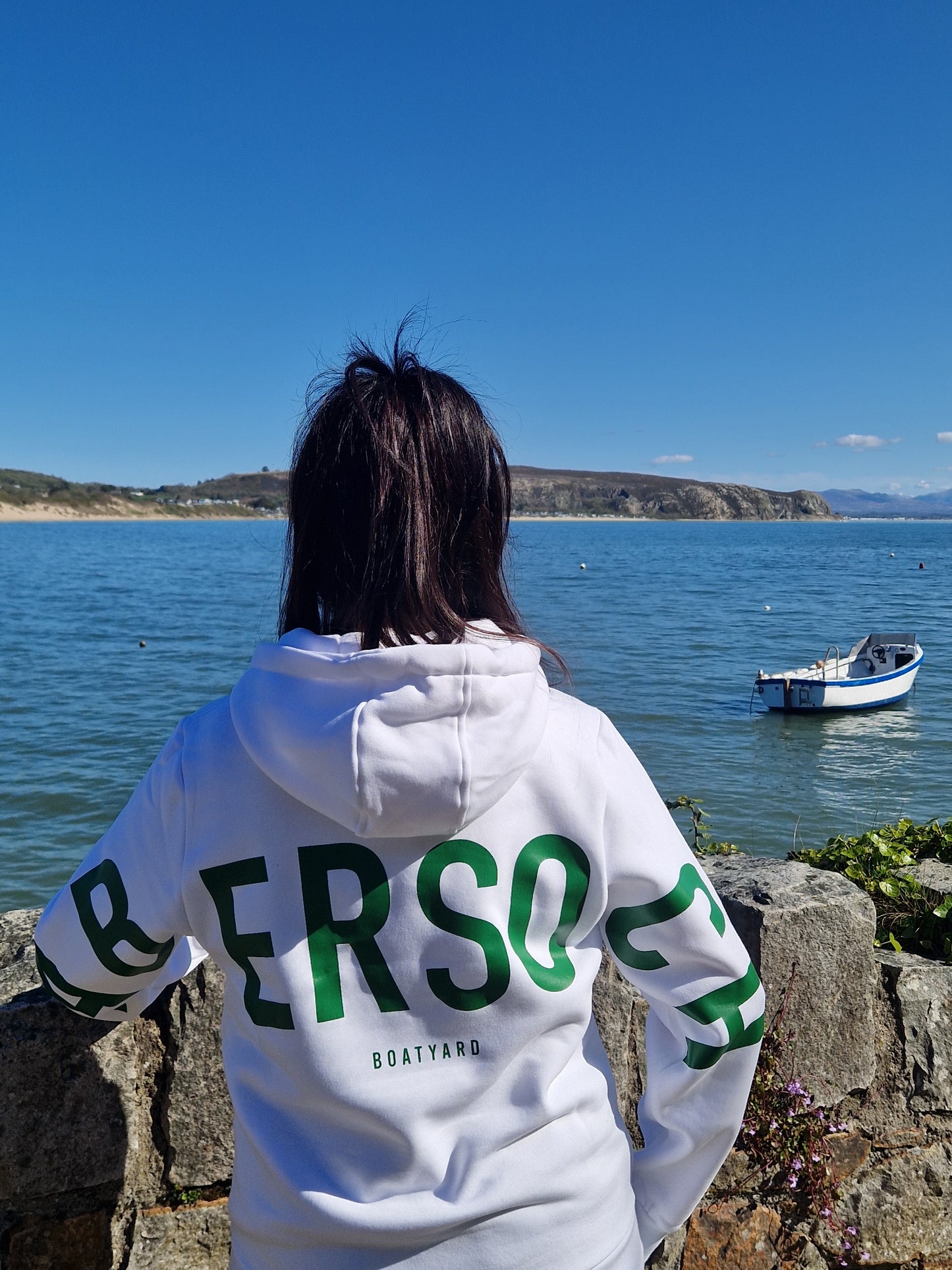 Abersoch Back Print Hoodie, White & Green