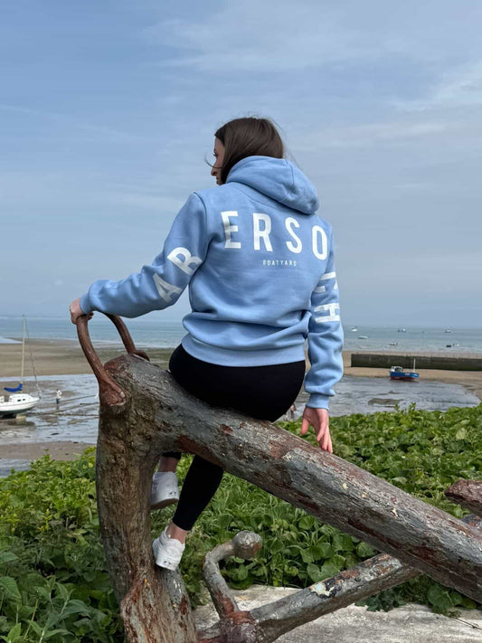 Kids Abersoch Back Print Hoodie, Sky Blue