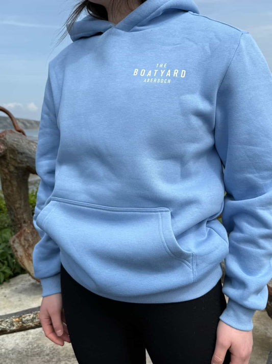 Kids Abersoch Back Print Hoodie, Sky Blue