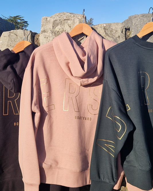 Abersoch Back Print Hoodie, Dusky Rose/ Gold