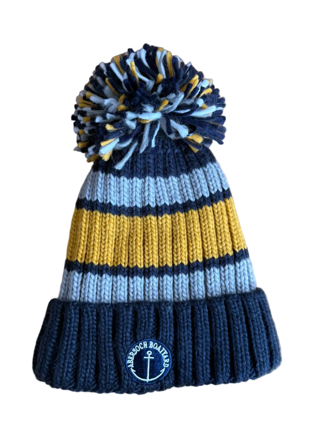 Fleece Lined Bobble Hat, Navy Mustard Stripe