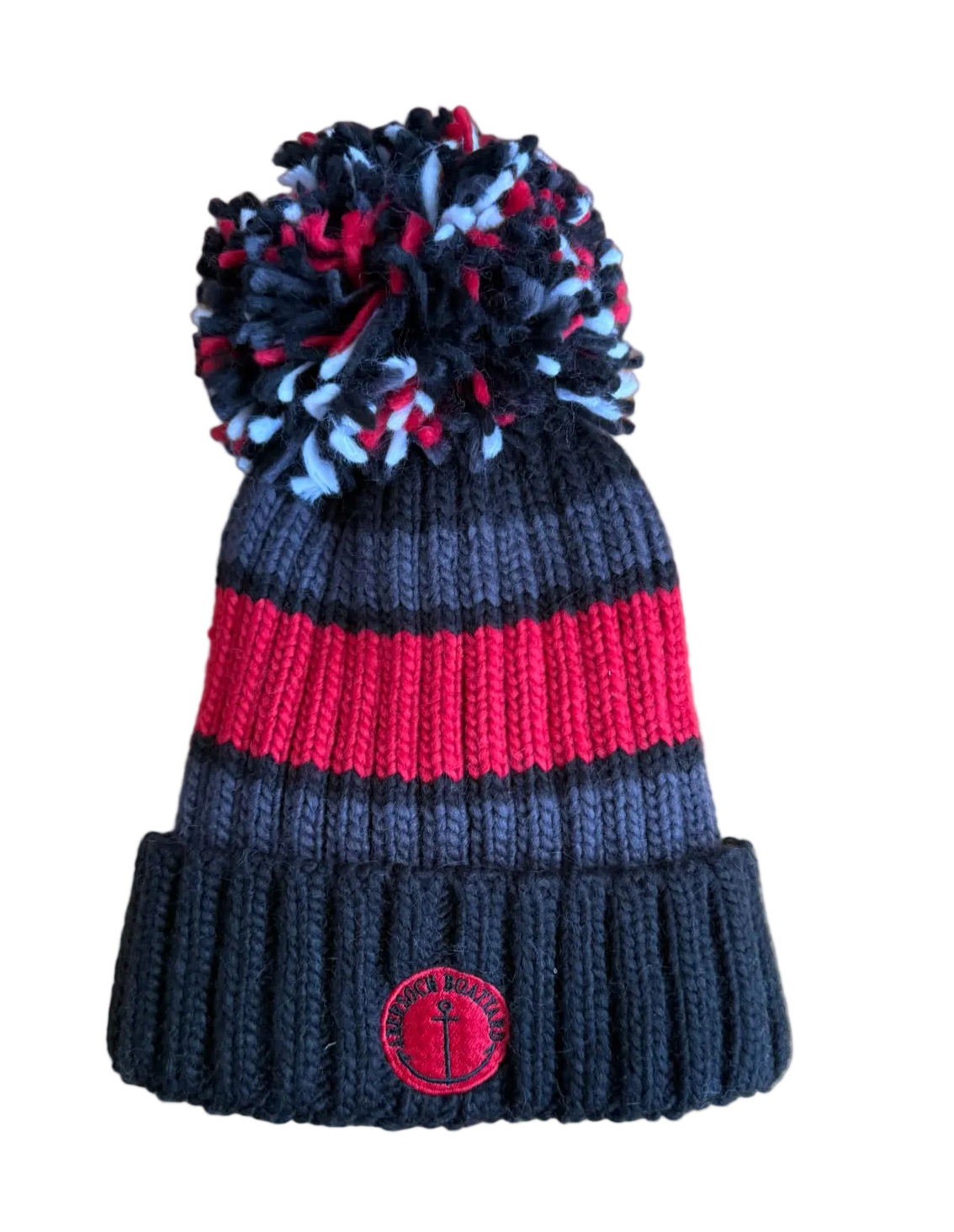 Fleece Lined Bobble Hat, Black Red Stripe
