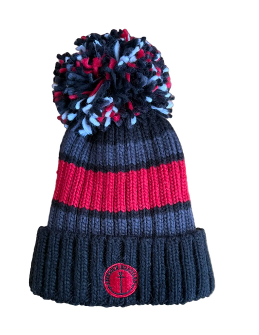 Fleece Lined Bobble Hat, Black Red Stripe