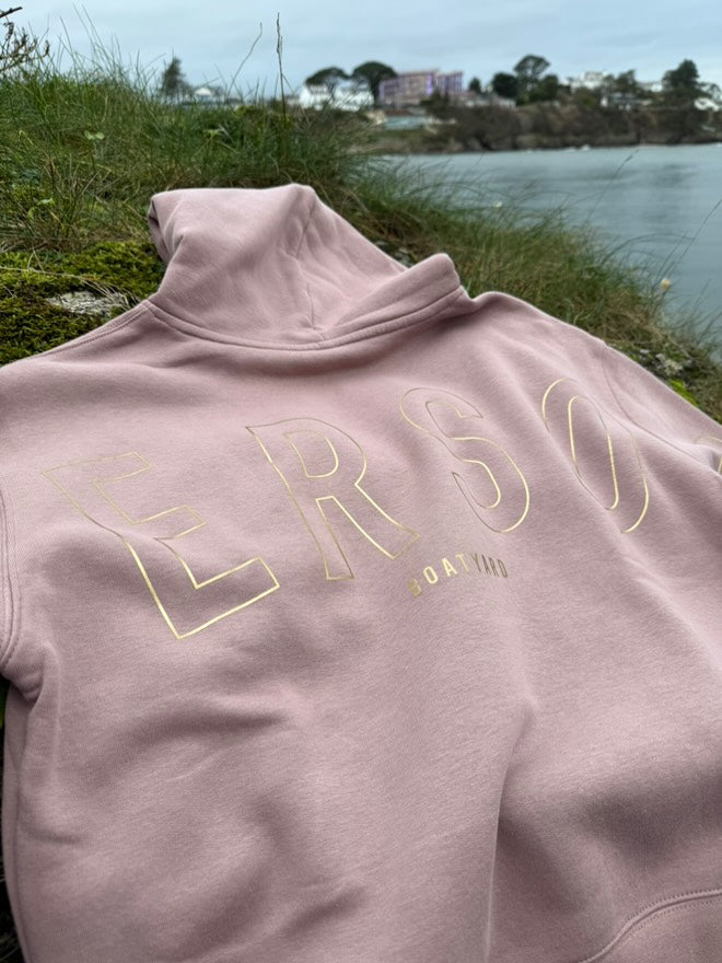 Abersoch Back Print Hoodie, Dusky Rose/ Gold